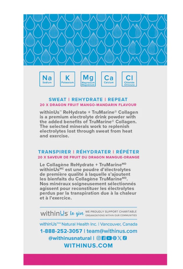 withinUs ReHydrate + TruMarine® Collagen 20ct - Dragonfruit Mango-Mandarin Stick Packs