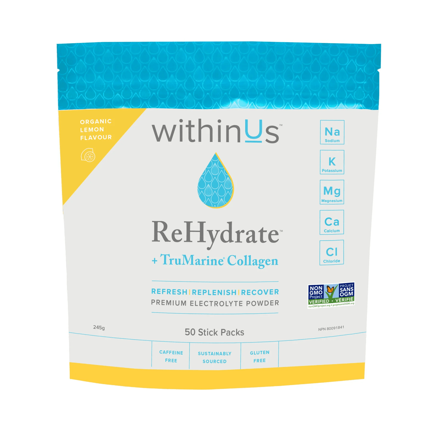 withinUs ReHydrate™ + TruMarine® Collagen 50ct - Lemon Stick Packs