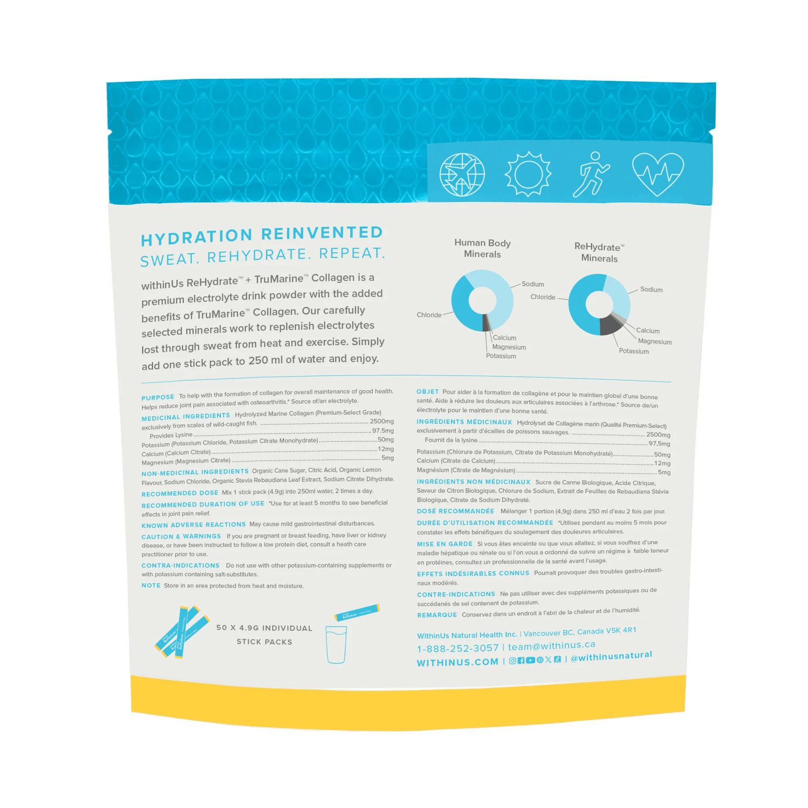 withinUs ReHydrate™ + TruMarine® Collagen 50ct - Lemon Stick Packs