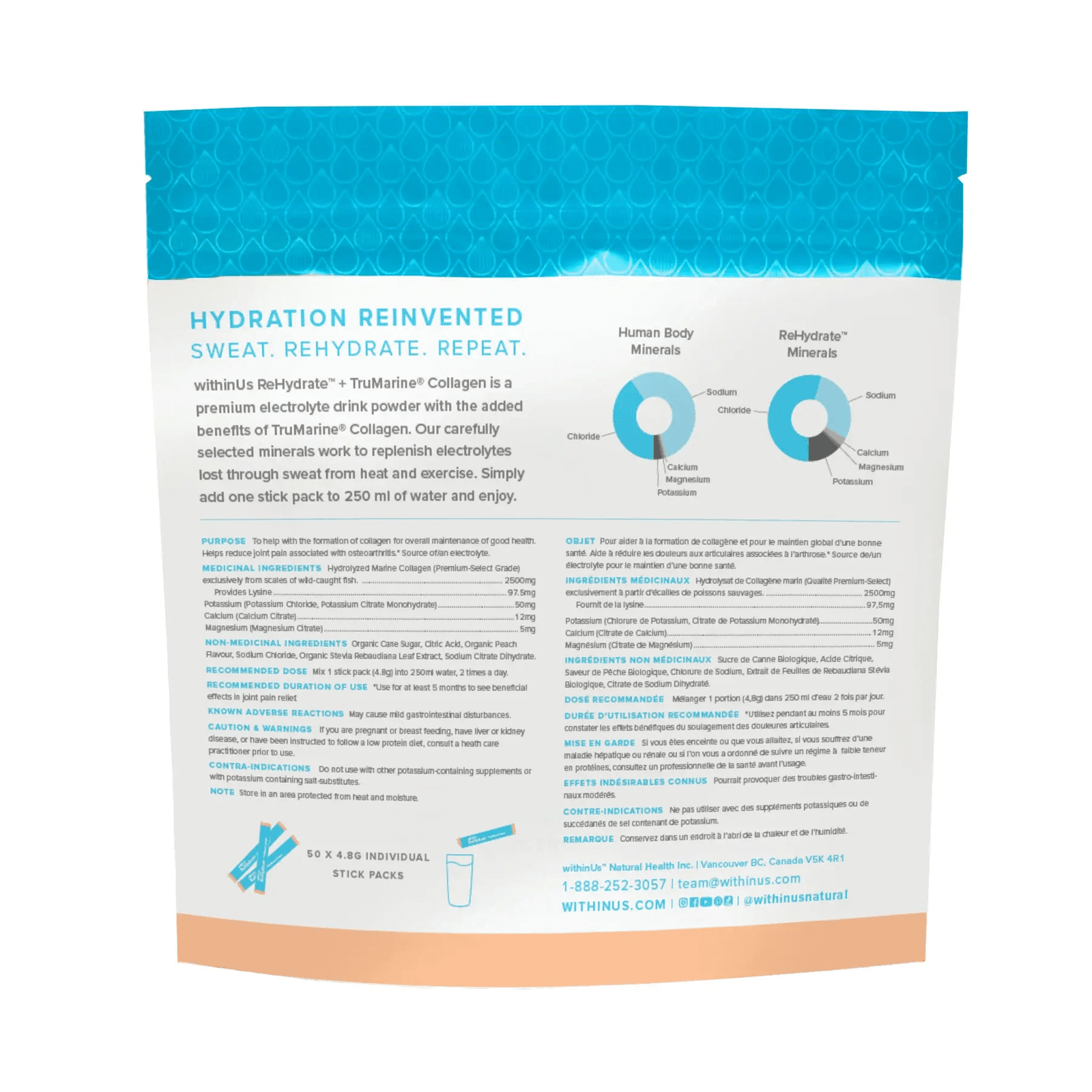 withinUs ReHydrate™ + TruMarine® Collagen 50ct - Peach Stick Packs