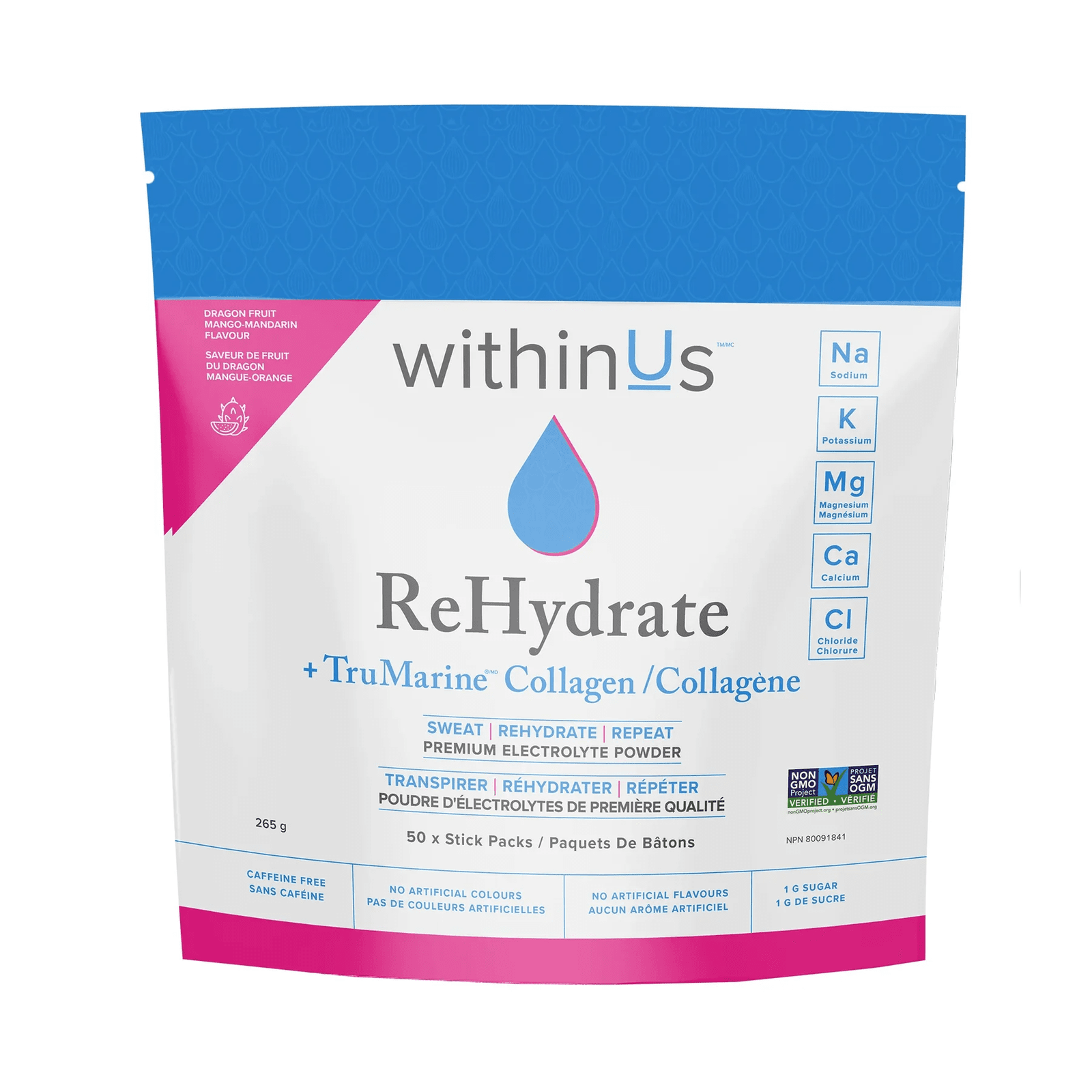 withinUs Rehydrate + TruMarine® Collagen 50ct - Dragonfruit Mango-Mandarin Stick Packs
