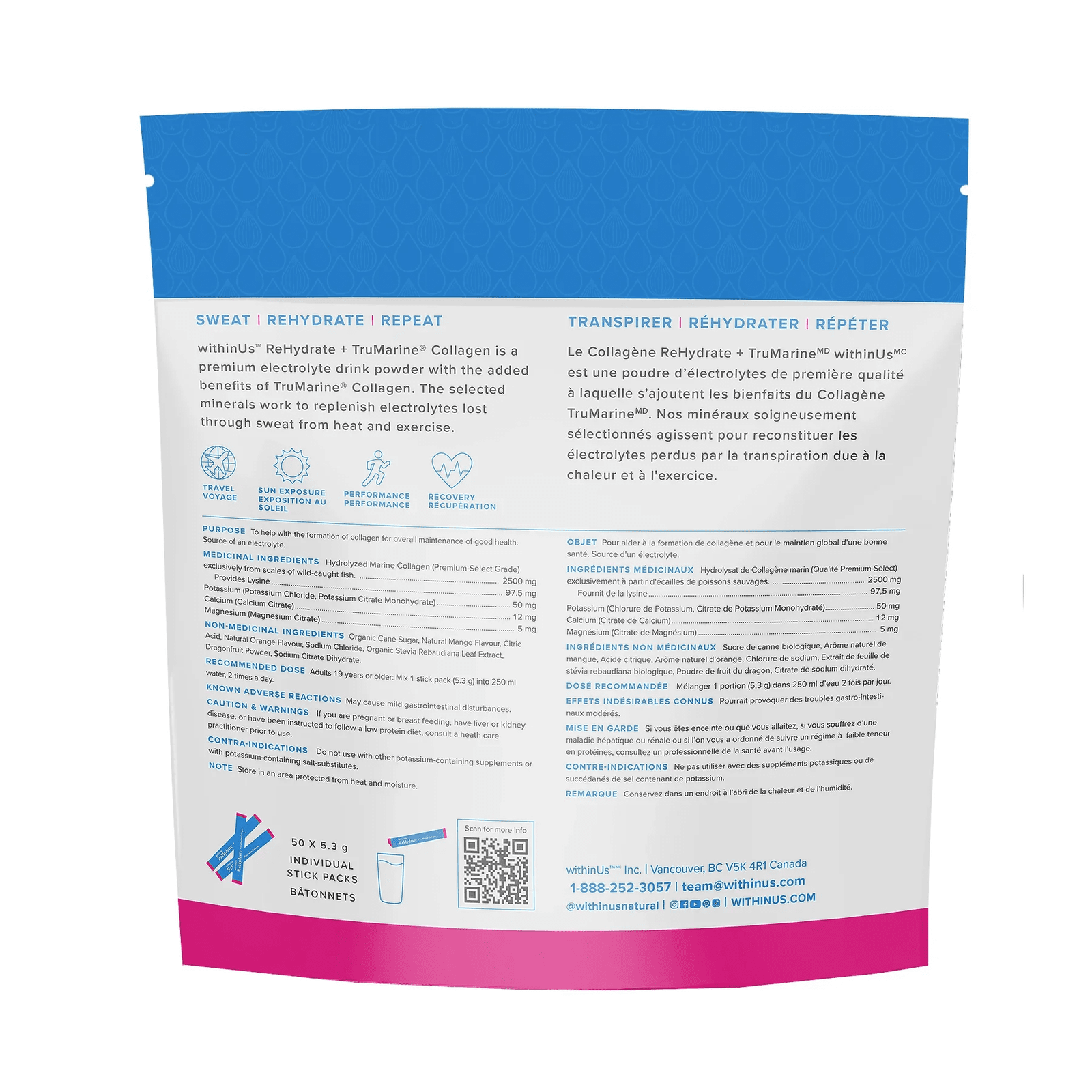 withinUs Rehydrate + TruMarine® Collagen 50ct - Dragonfruit Mango-Mandarin Stick Packs